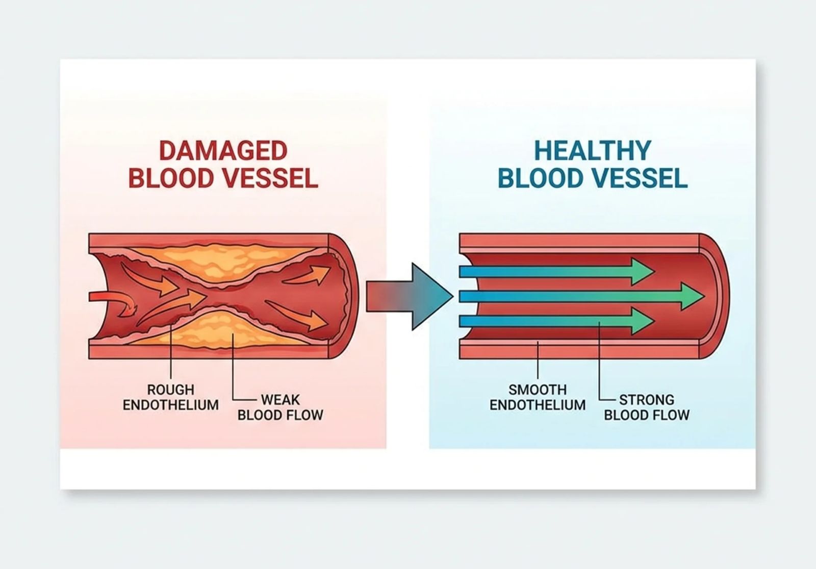 Damaged vs healthy blood vessel showing endothelium